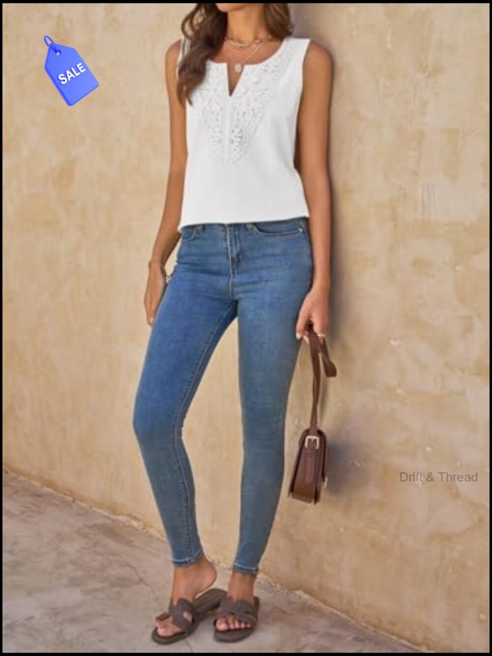 Women's V Neck Cotton Lace Tank Top Relaxed Fit Boho Summer Blouse - Picture 5 of 7